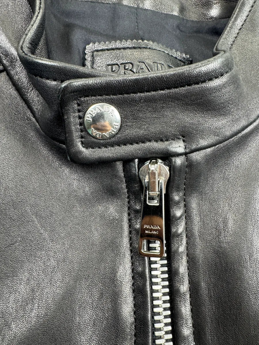 AW2014 Prada Black Quilted Biker Leather Jacket bbotgXbS 11