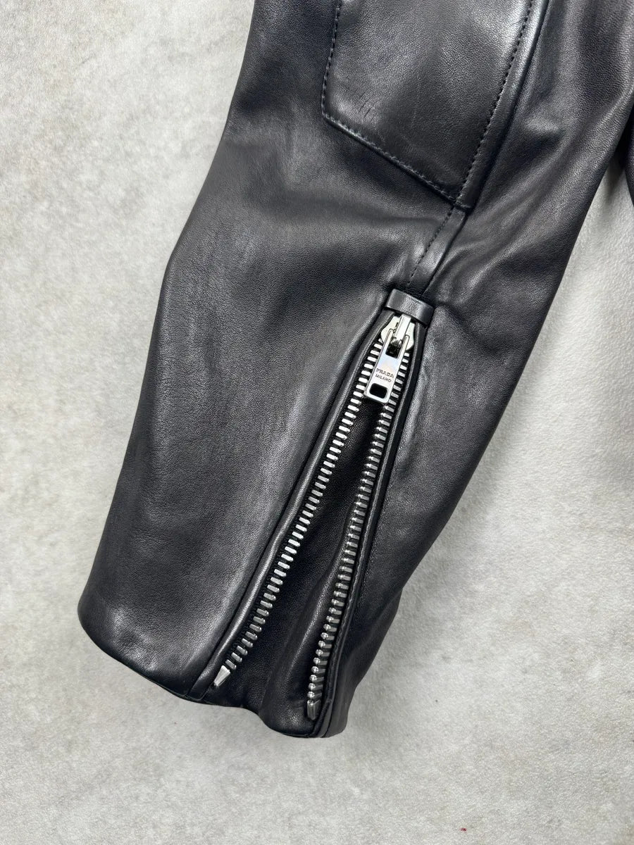 AW2014 Prada Black Quilted Biker Leather Jacket bbotgXbS 8