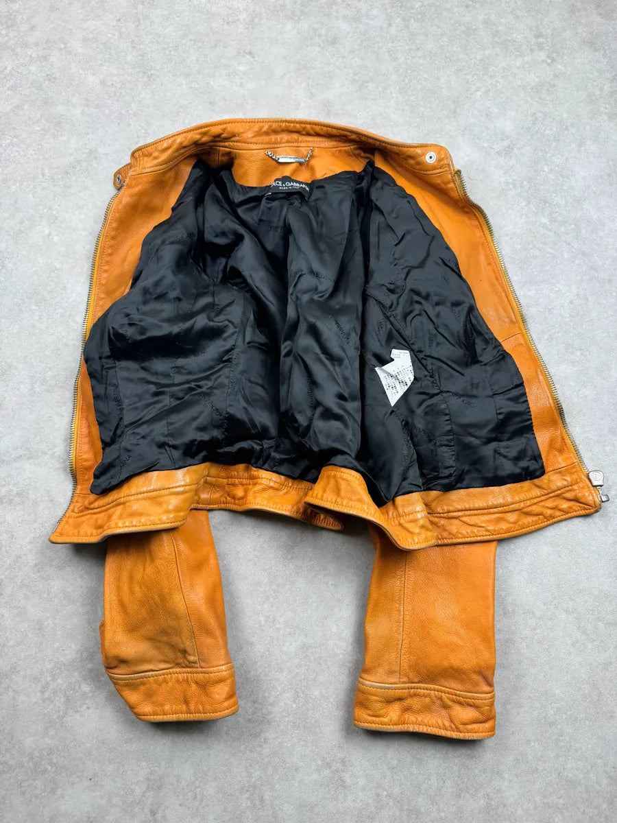 2000s Dolce & Gabbana Orange Leather Moto Leather Jacket kiyySeCt 6