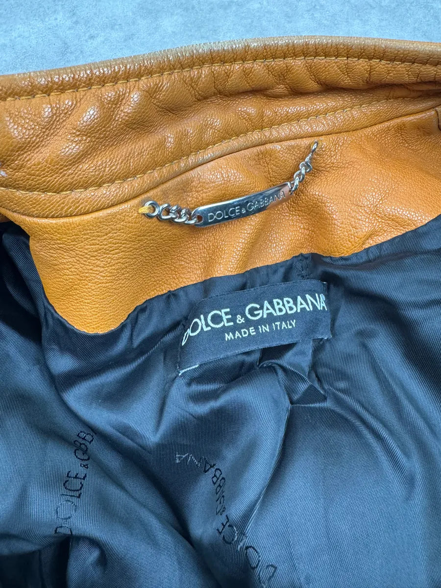 2000s Dolce & Gabbana Orange Leather Moto Leather Jacket kiyySeCt 13