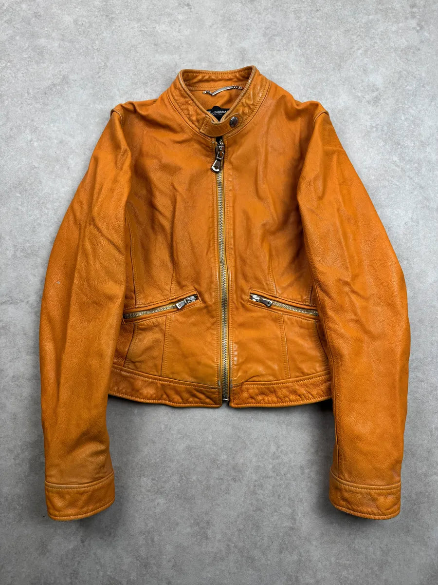 2000s Dolce & Gabbana Orange Leather Moto Leather Jacket kiyySeCt 2