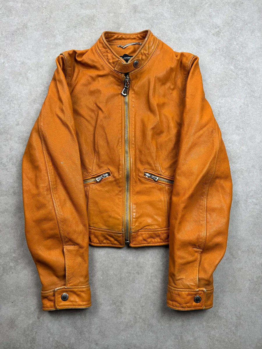 2000s Dolce & Gabbana Orange Leather Moto Leather Jacket kiyySeCt 3