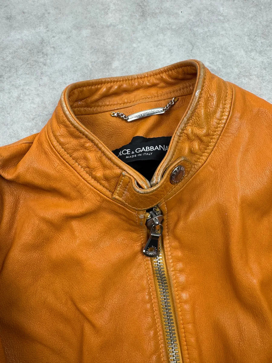 2000s Dolce & Gabbana Orange Leather Moto Leather Jacket kiyySeCt 9