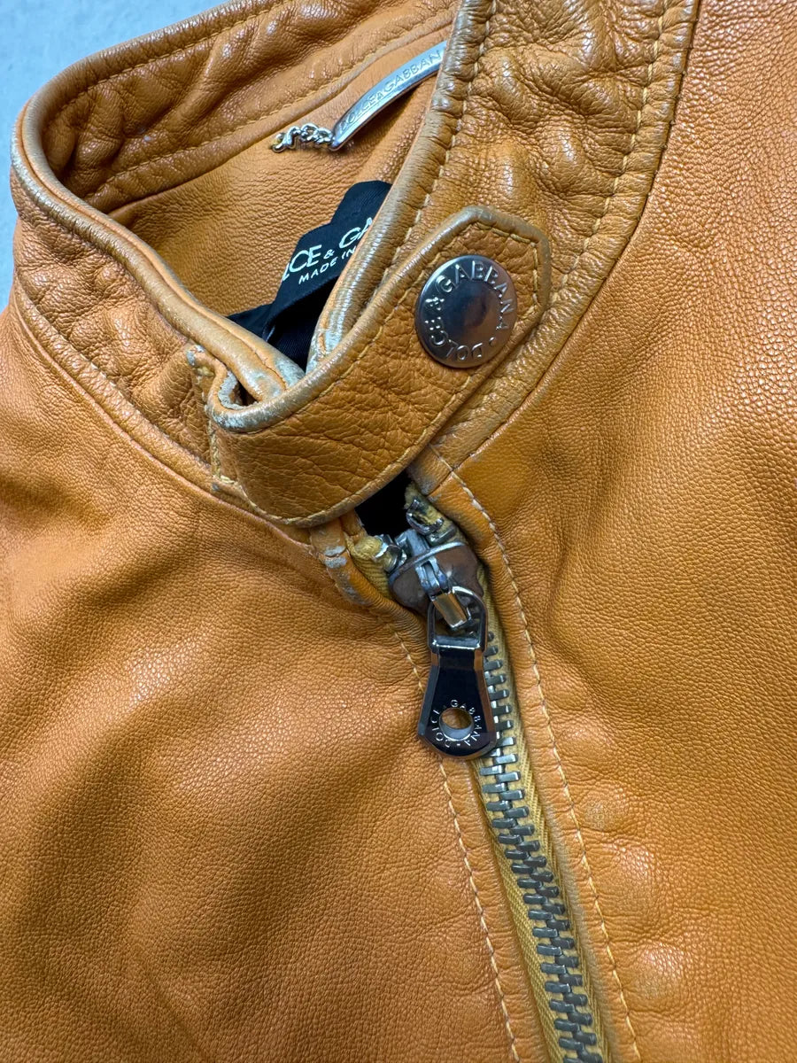 2000s Dolce & Gabbana Orange Leather Moto Leather Jacket kiyySeCt 10
