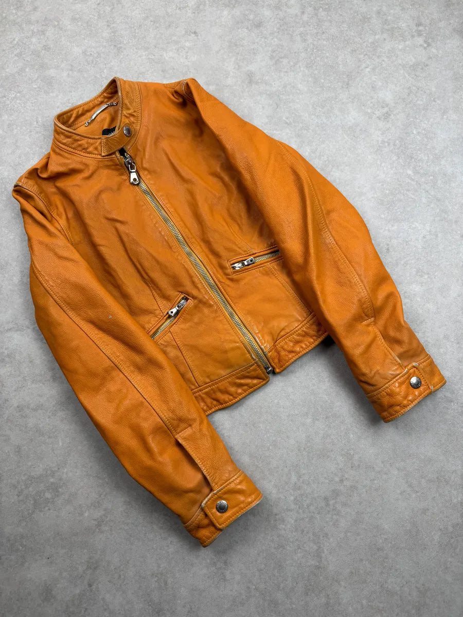 2000s Dolce & Gabbana Orange Leather Moto Leather Jacket kiyySeCt 5