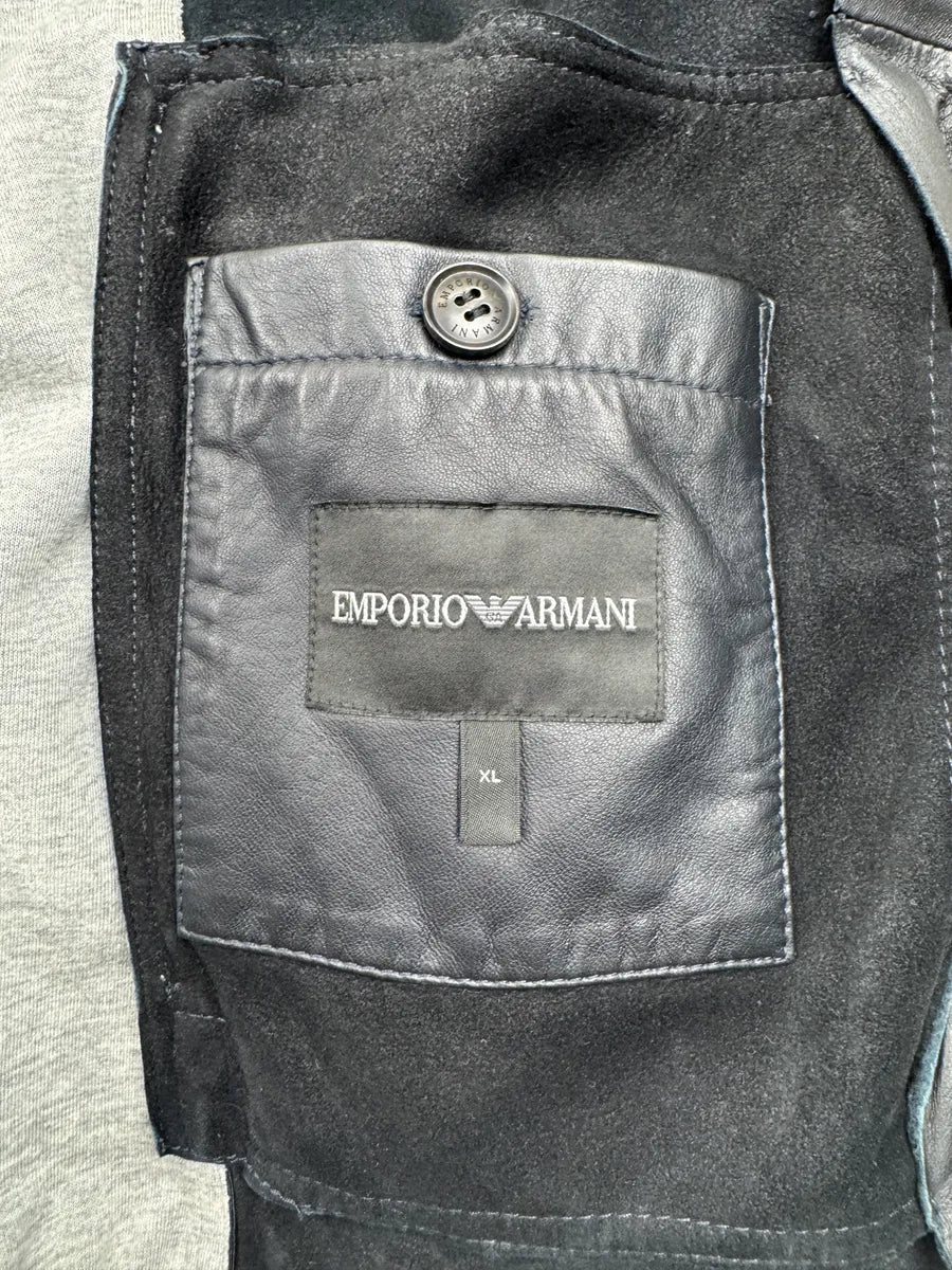 AW2023 Emporio Armani Dark Navy Leather Contrast Tech-Sleeve Leather Jacket exWNvLnf 11