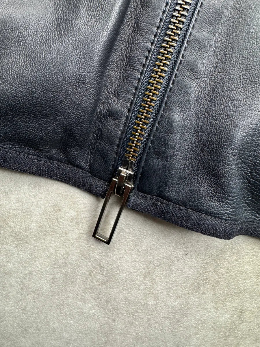 AW2023 Emporio Armani Dark Navy Leather Contrast Tech-Sleeve Leather Jacket exWNvLnf 8