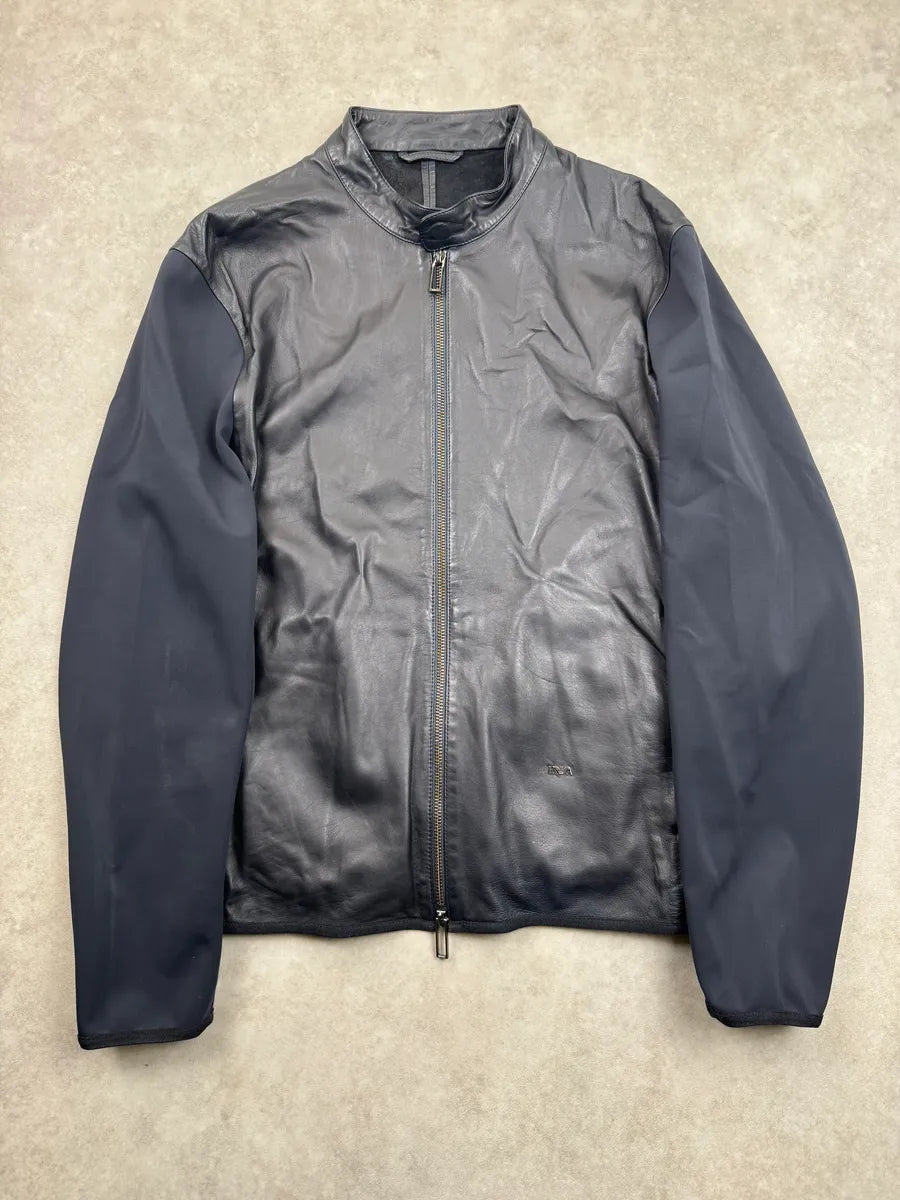 AW2023 Emporio Armani Dark Navy Leather Contrast Tech-Sleeve Leather Jacket exWNvLnf 0