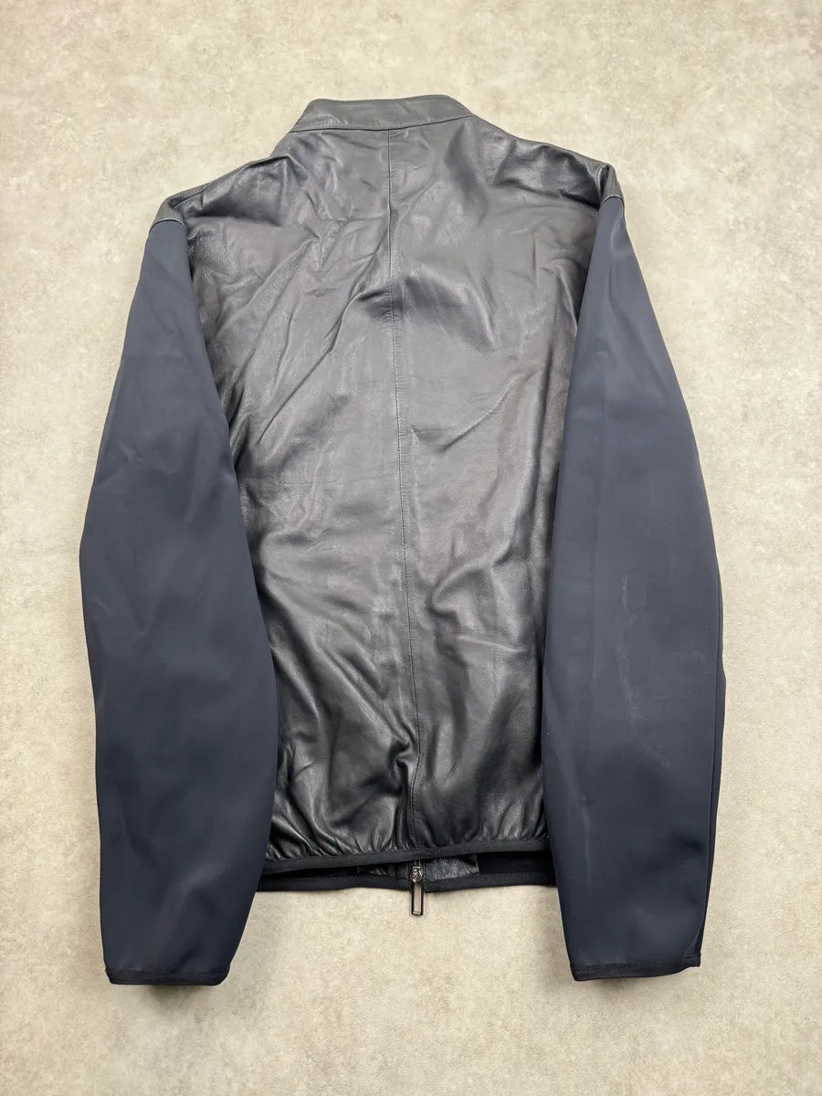 AW2023 Emporio Armani Dark Navy Leather Contrast Tech-Sleeve Leather Jacket exWNvLnf 5