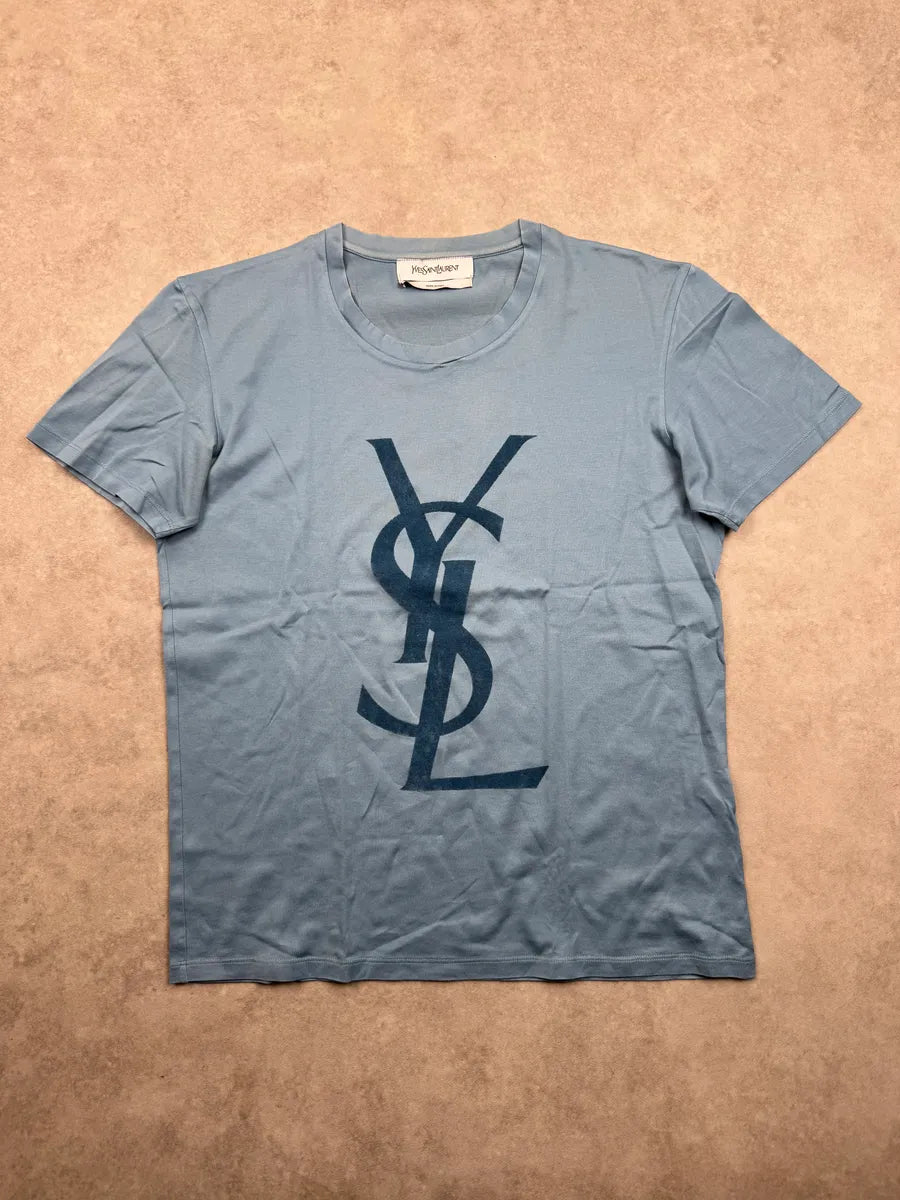 2000s Yves Saint Laurent Blue Signature Logo T-Shirt CYDKwppX 2