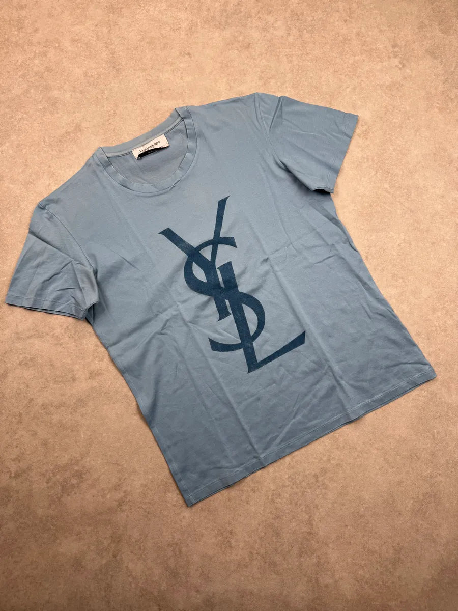 2000s Yves Saint Laurent Blue Signature Logo T-Shirt CYDKwppX 3