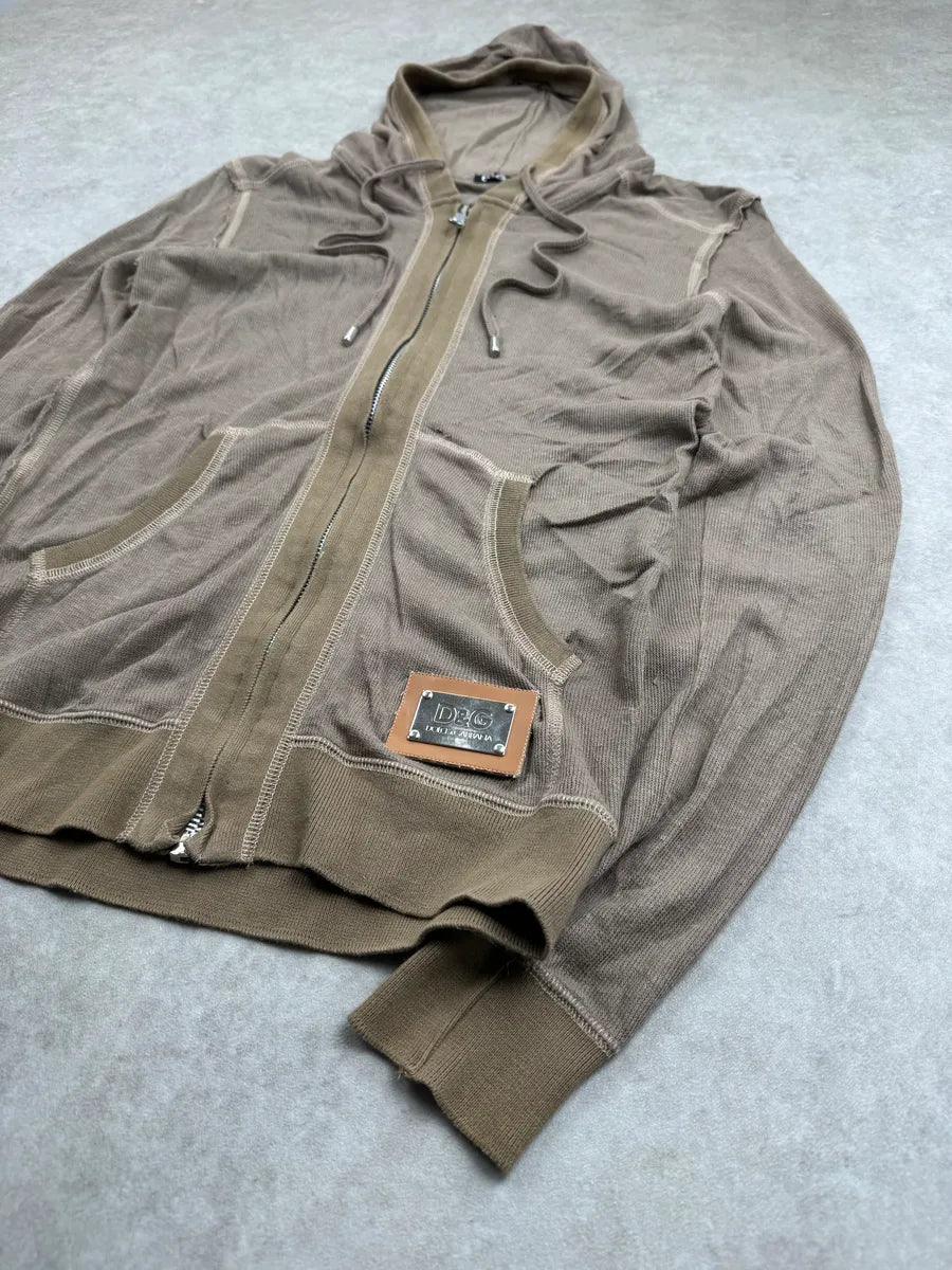 2010s Dolce & Gabbana Taupe Linen Logo Plaque Zip-Up Hoodie nMiKlZTI 3