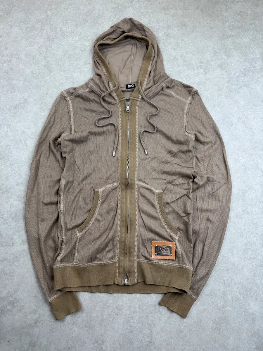 2010s Dolce & Gabbana Taupe Linen Logo Plaque Zip-Up Hoodie nMiKlZTI 0