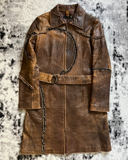 AW2005 Cavalli Asymmetrical Raw Brown Leather Trench Jacket (M)