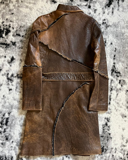 AW2005 Cavalli Asymmetrical Raw Brown Leather Trench Jacket (M)