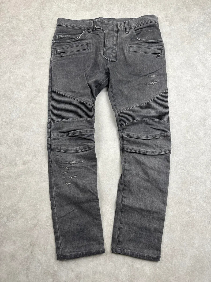 SS2015 Balmain Grey Biker Distressed Denim Jeans aFPKeoQG 0