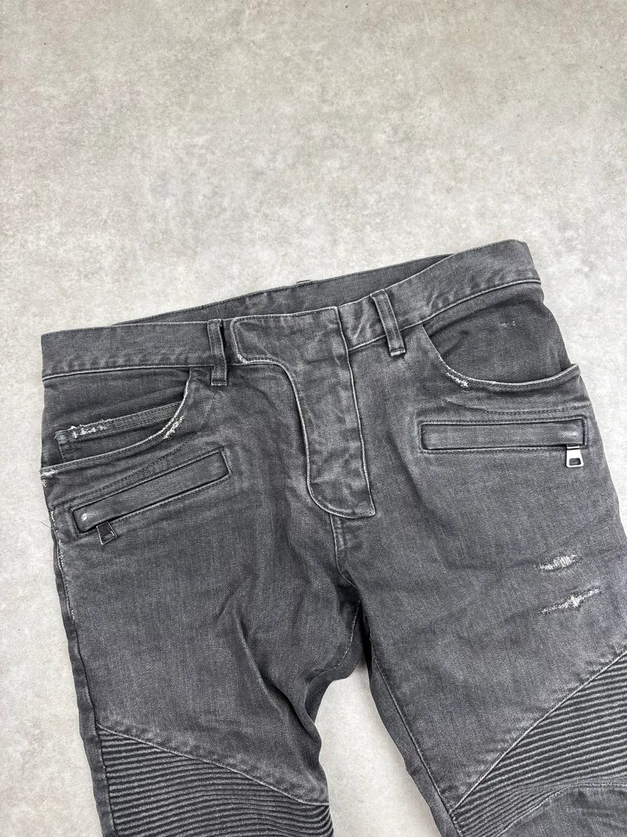 SS2015 Balmain Grey Biker Distressed Denim Jeans aFPKeoQG 9