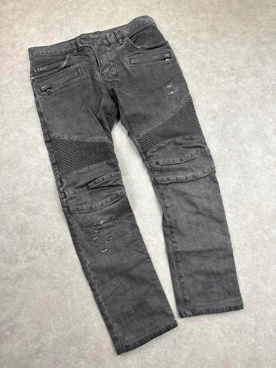 SS2015 Balmain Grey Biker Distressed Denim Jeans aFPKeoQG 5