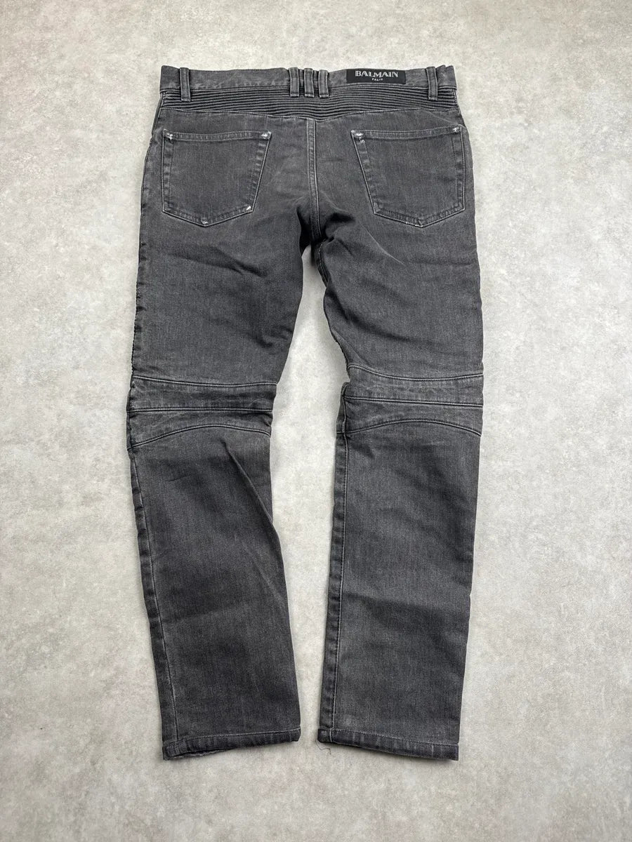 SS2015 Balmain Grey Biker Distressed Denim Jeans aFPKeoQG 4