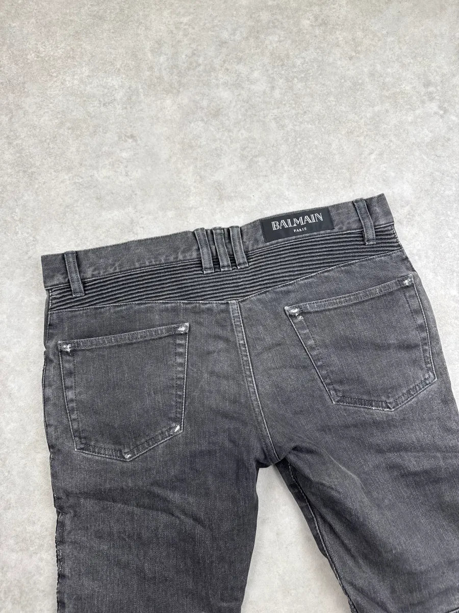 SS2015 Balmain Grey Biker Distressed Denim Jeans aFPKeoQG 6