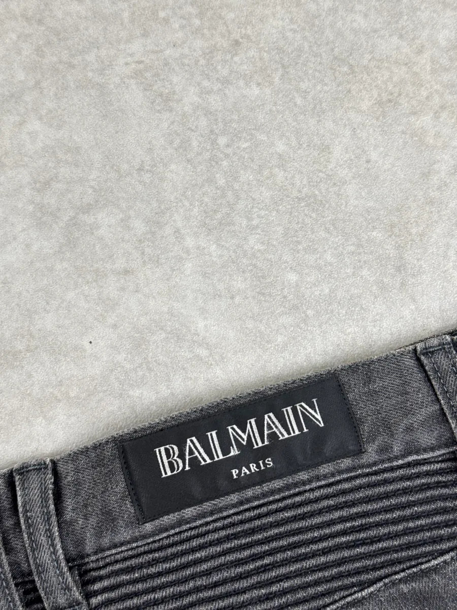 SS2015 Balmain Grey Biker Distressed Denim Jeans aFPKeoQG 10