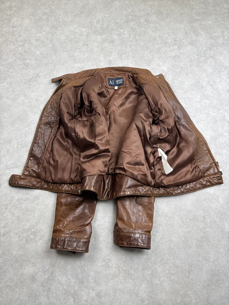 2000s Armani Jeans Camel Biker Stand Collar Leather Jacket FWpKywWl 5
