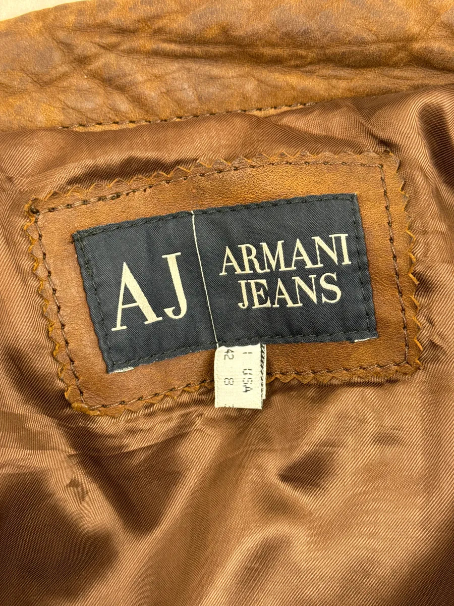2000s Armani Jeans Camel Biker Stand Collar Leather Jacket FWpKywWl 11