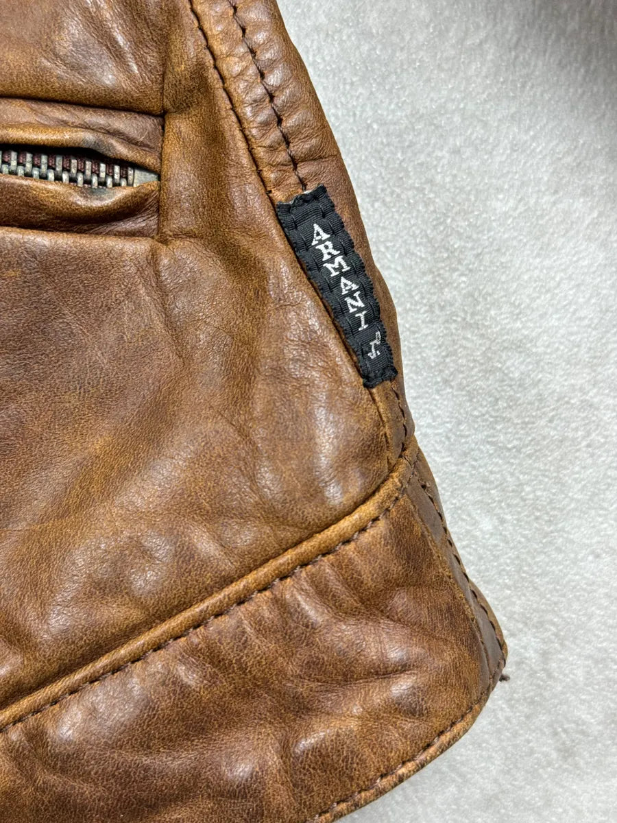2000s Armani Jeans Camel Biker Stand Collar Leather Jacket FWpKywWl 10