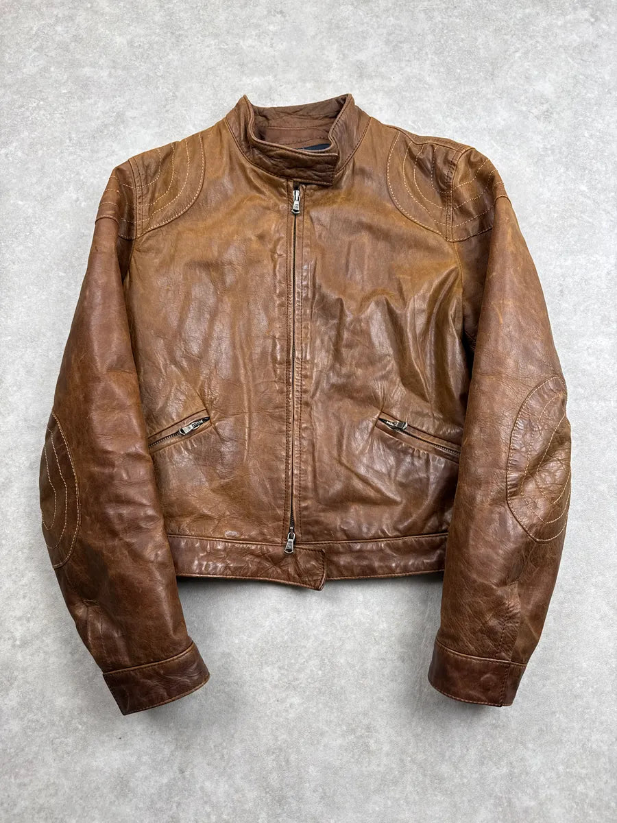 2000s Armani Jeans Camel Biker Stand Collar Leather Jacket FWpKywWl 0