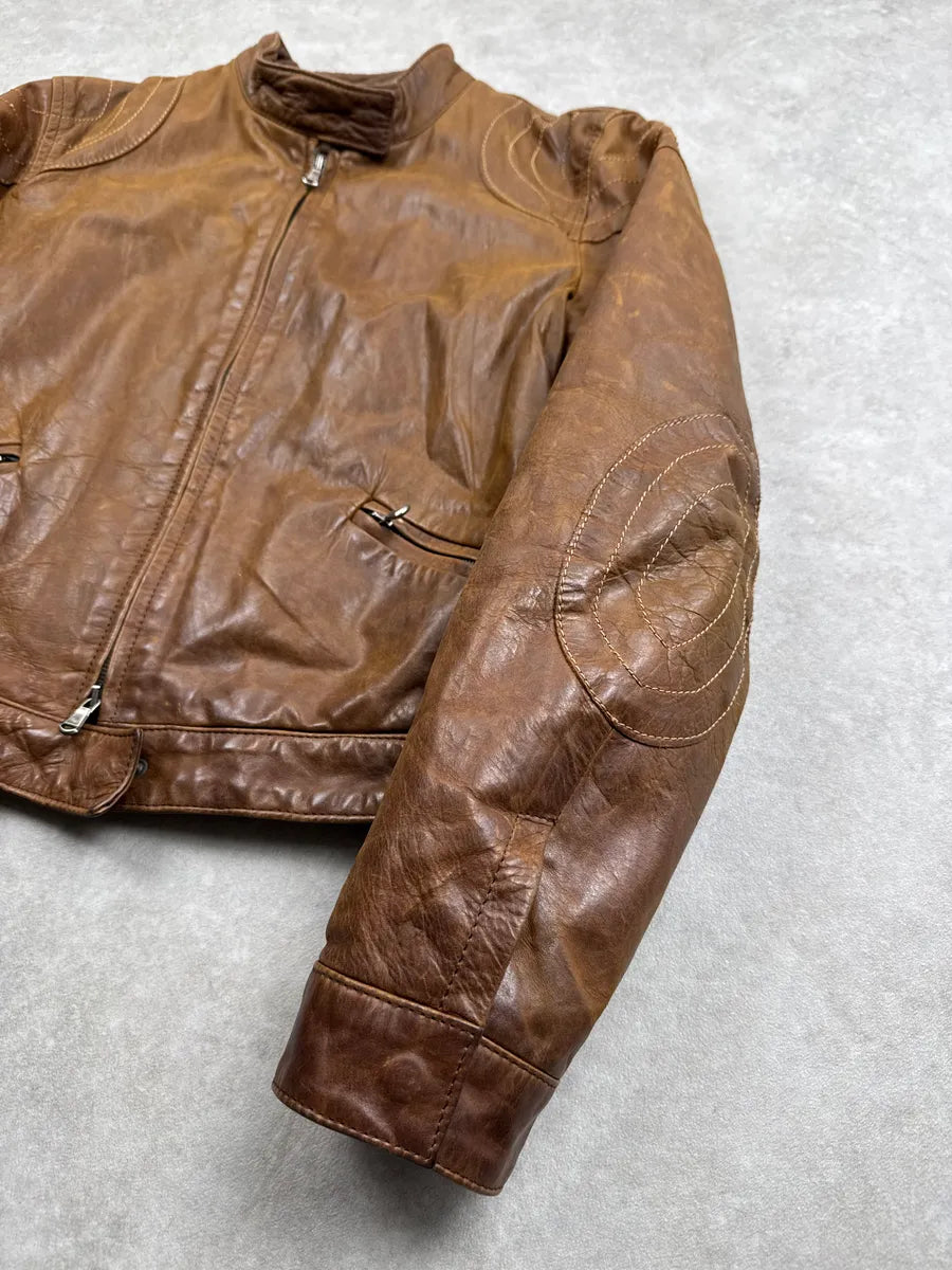 2000s Armani Jeans Camel Biker Stand Collar Leather Jacket FWpKywWl 6