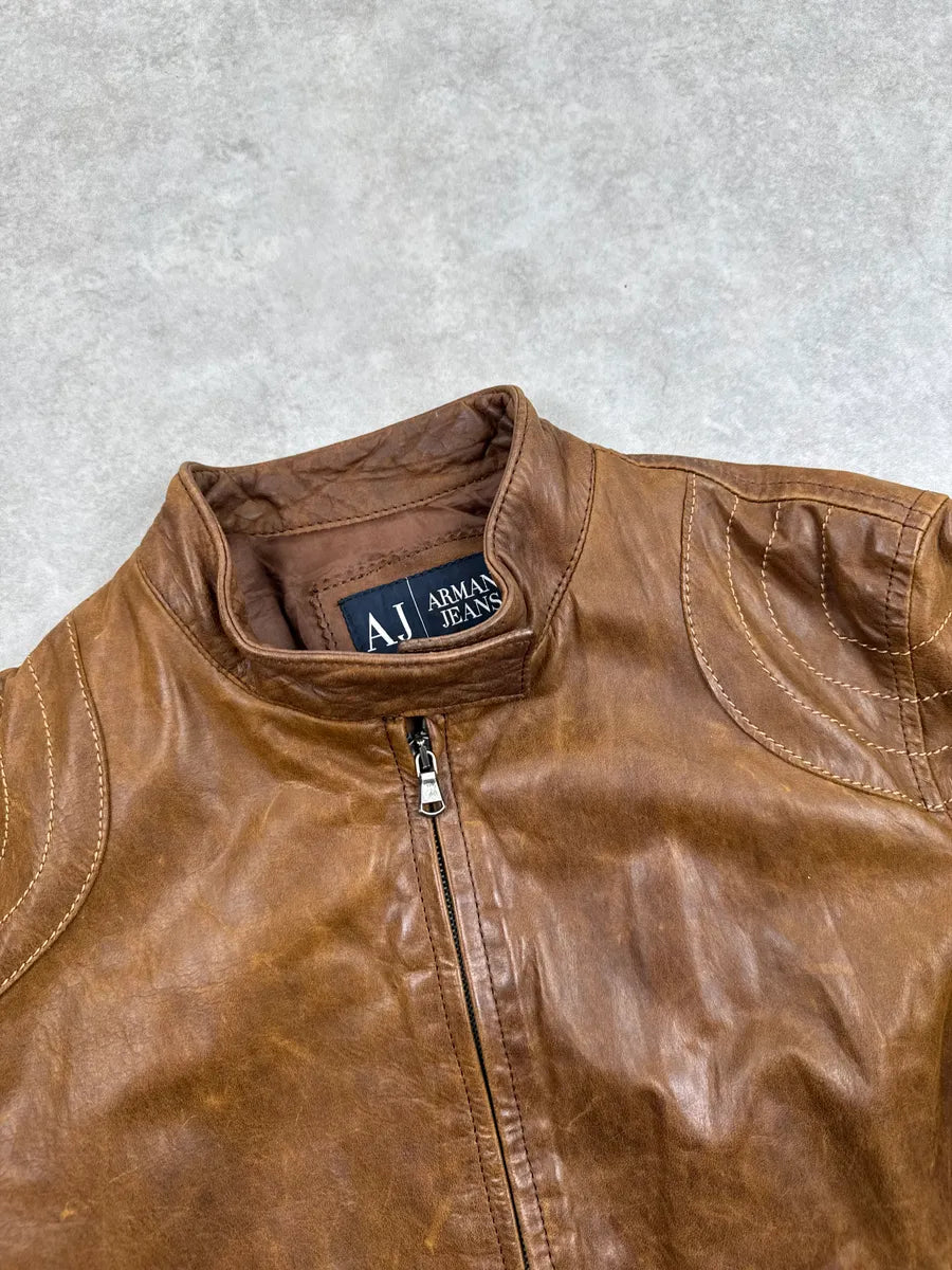 2000s Armani Jeans Camel Biker Stand Collar Leather Jacket FWpKywWl 7
