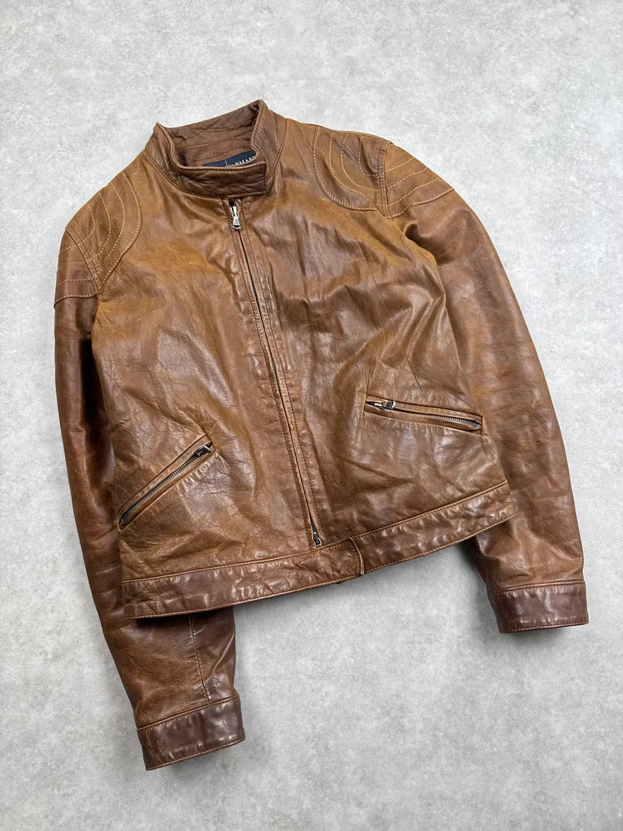 2000s Armani Jeans Camel Biker Stand Collar Leather Jacket FWpKywWl 4