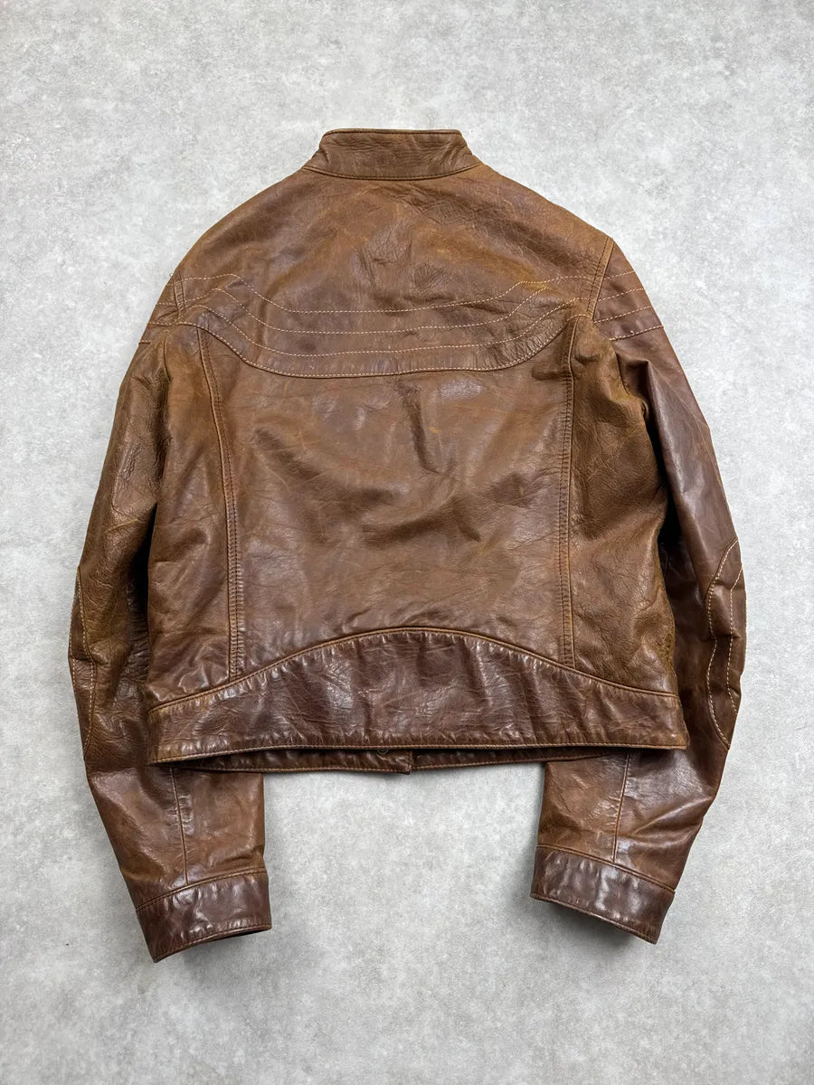 2000s Armani Jeans Camel Biker Stand Collar Leather Jacket FWpKywWl 3