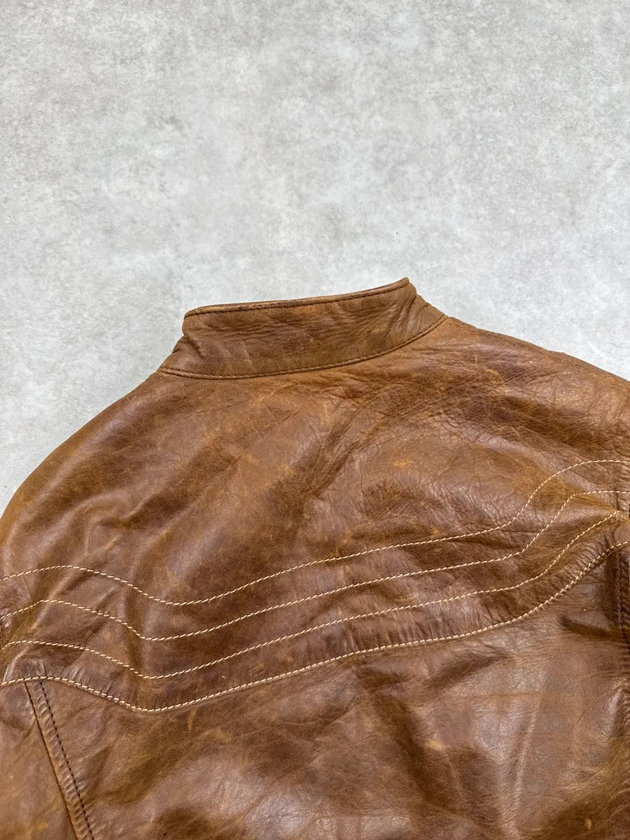 2000s Armani Jeans Camel Biker Stand Collar Leather Jacket FWpKywWl 8