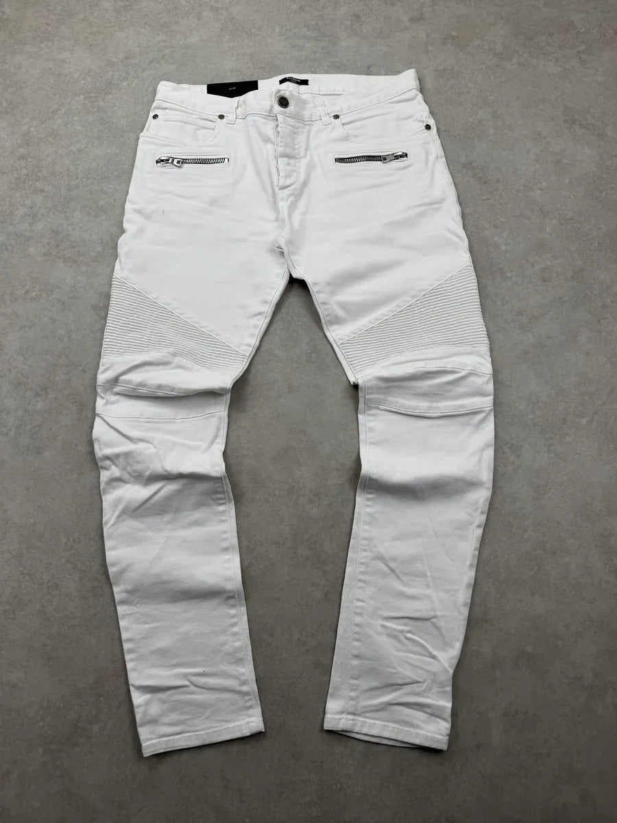 SS2020 Balmain White Denim Biker Slim Jeans MEpOMXov 0