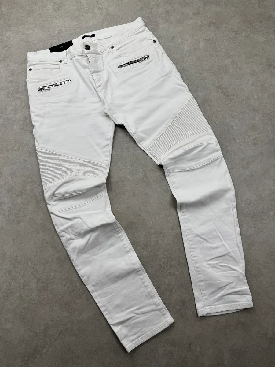 SS2020 Balmain White Denim Biker Slim Jeans MEpOMXov 4