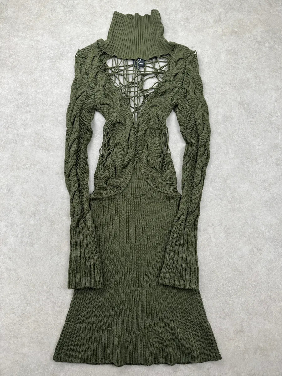 AW2011 Alexander McQueen Olive Wool Cutout Cable-Knit Dress ZldPyZau 2