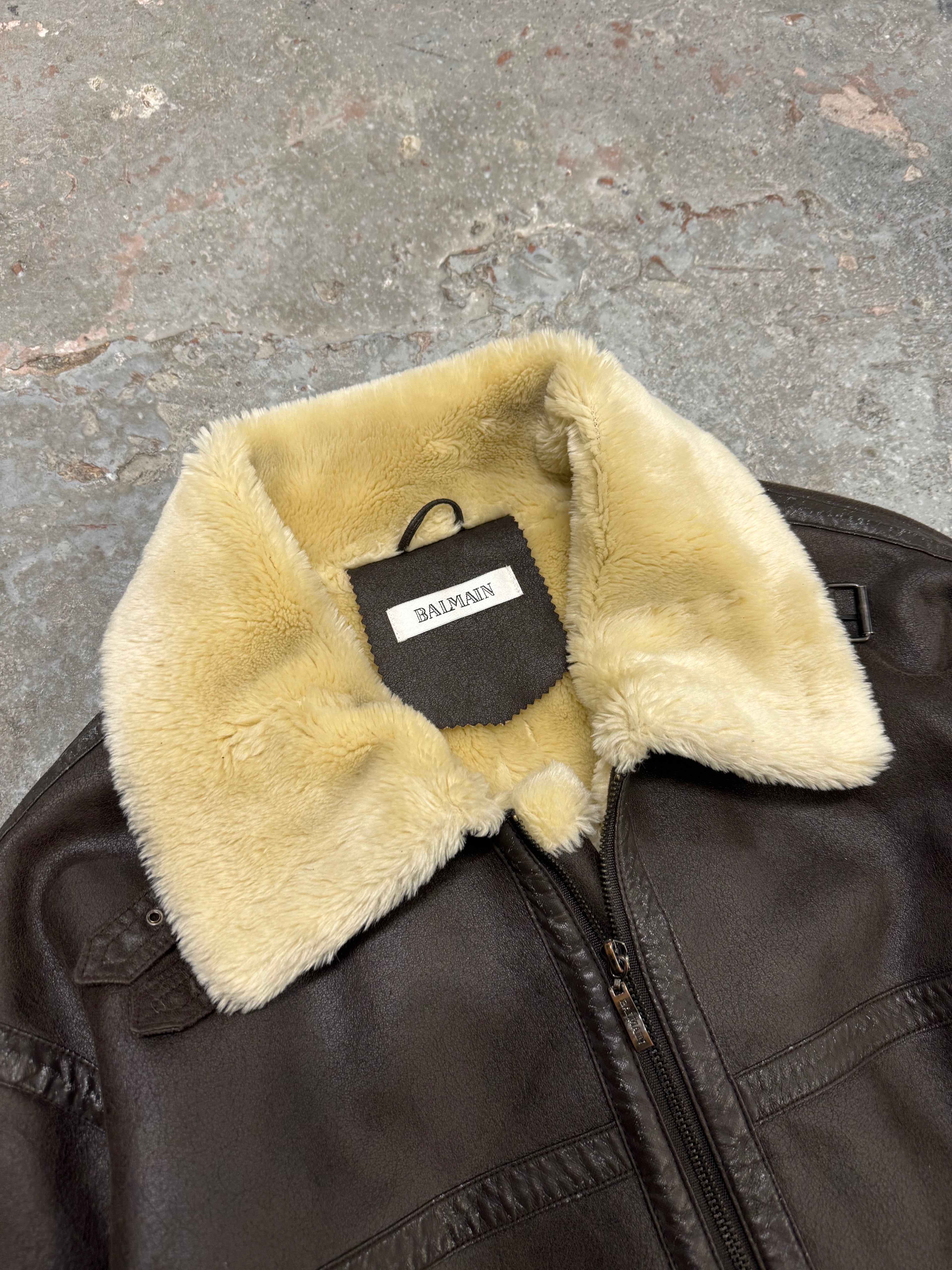 2000s Balmain Faux Fur Brown Aviator Shearling Type Leather Jacket (L/XL)