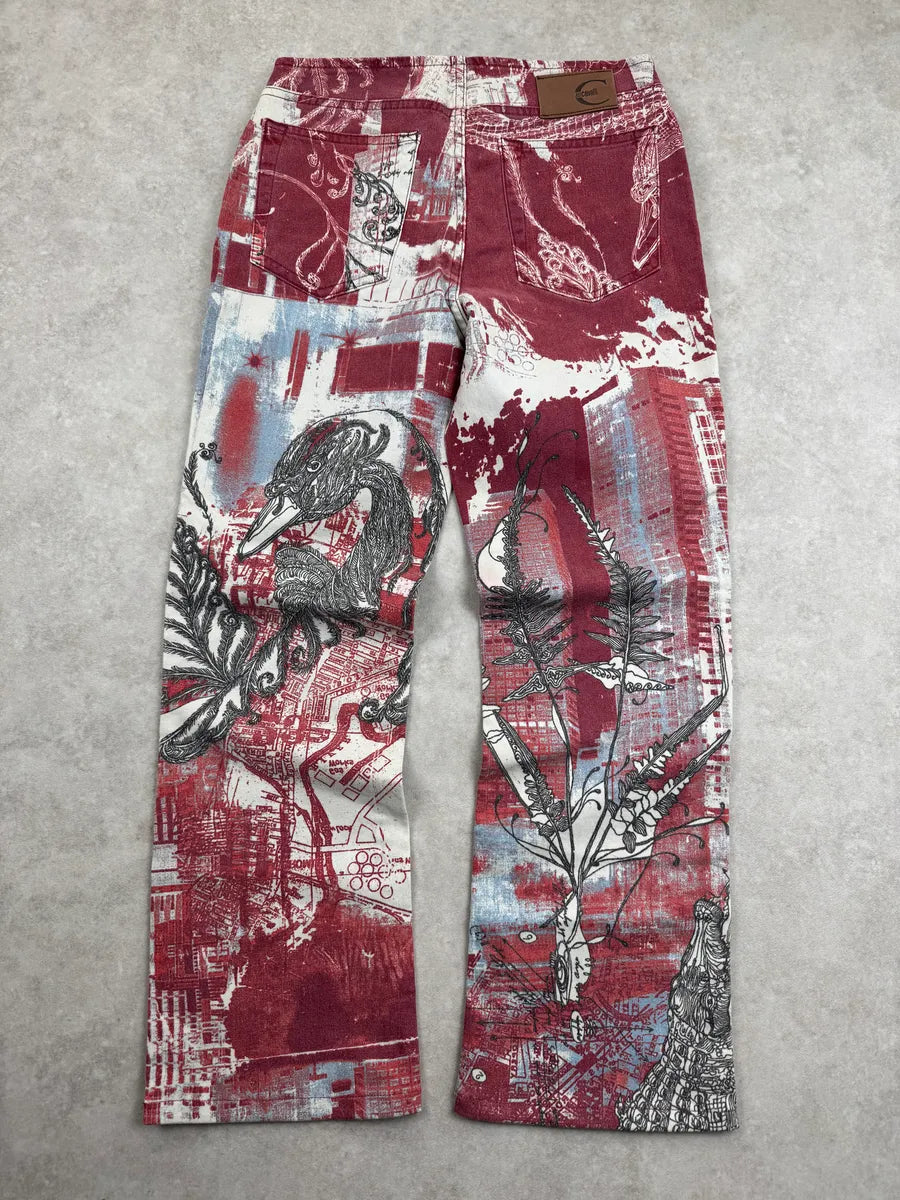 2000s Cavalli Red Graphic City Bird Print Jeans fHRIcKQU 5