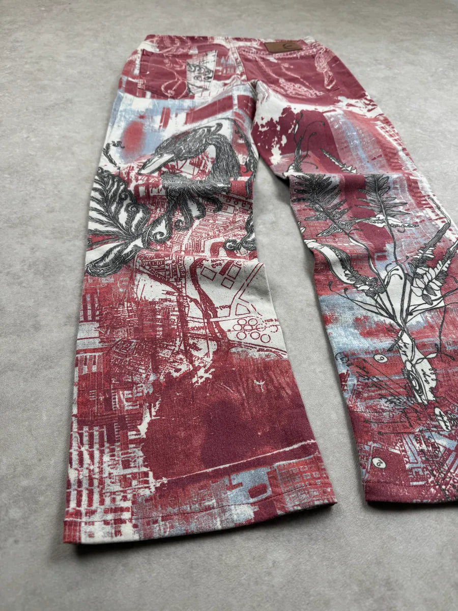 2000s Cavalli Red Graphic City Bird Print Jeans fHRIcKQU 6