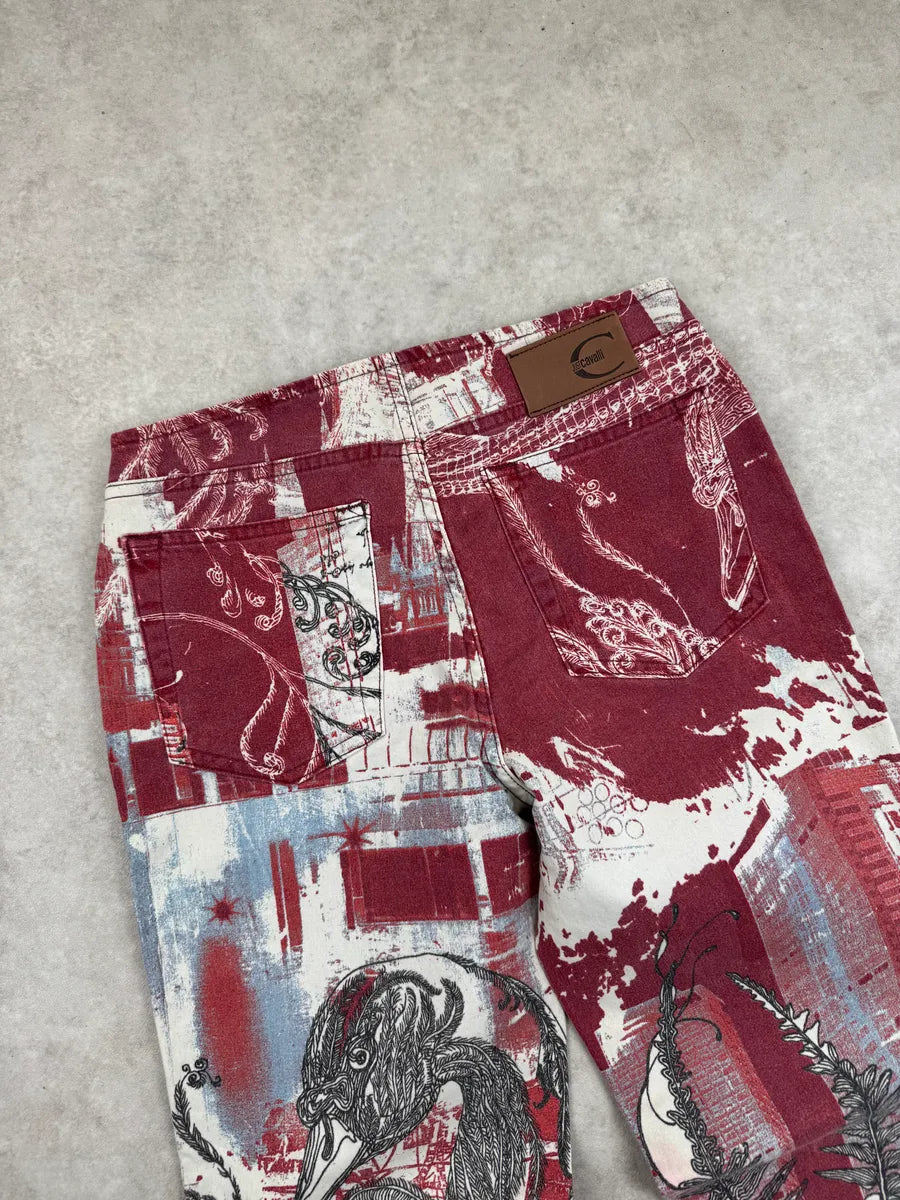2000s Cavalli Red Graphic City Bird Print Jeans fHRIcKQU 10