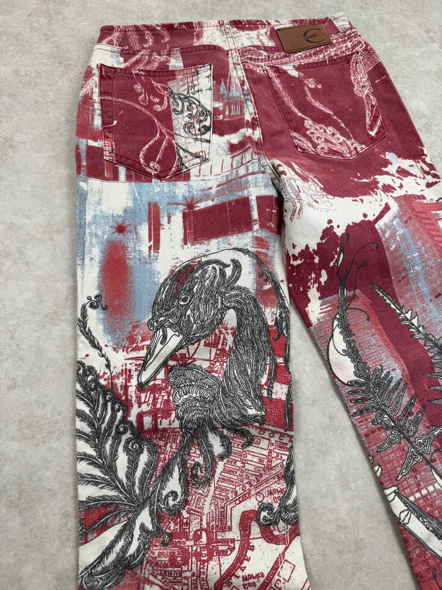 2000s Cavalli Red Graphic City Bird Print Jeans fHRIcKQU 9