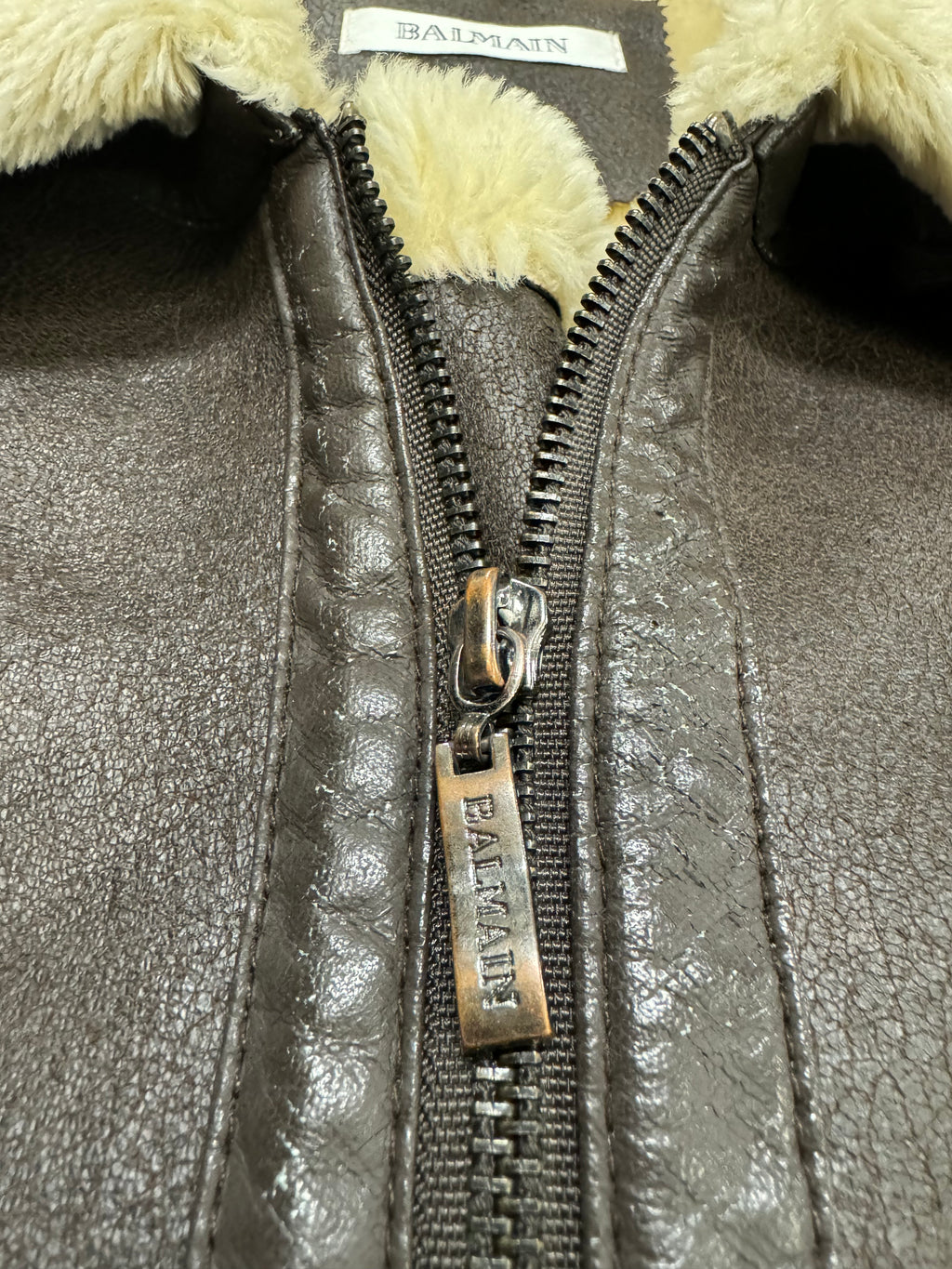 2000s Balmain Faux Fur Brown Aviator Shearling Type Leather Jacket (L/XL)