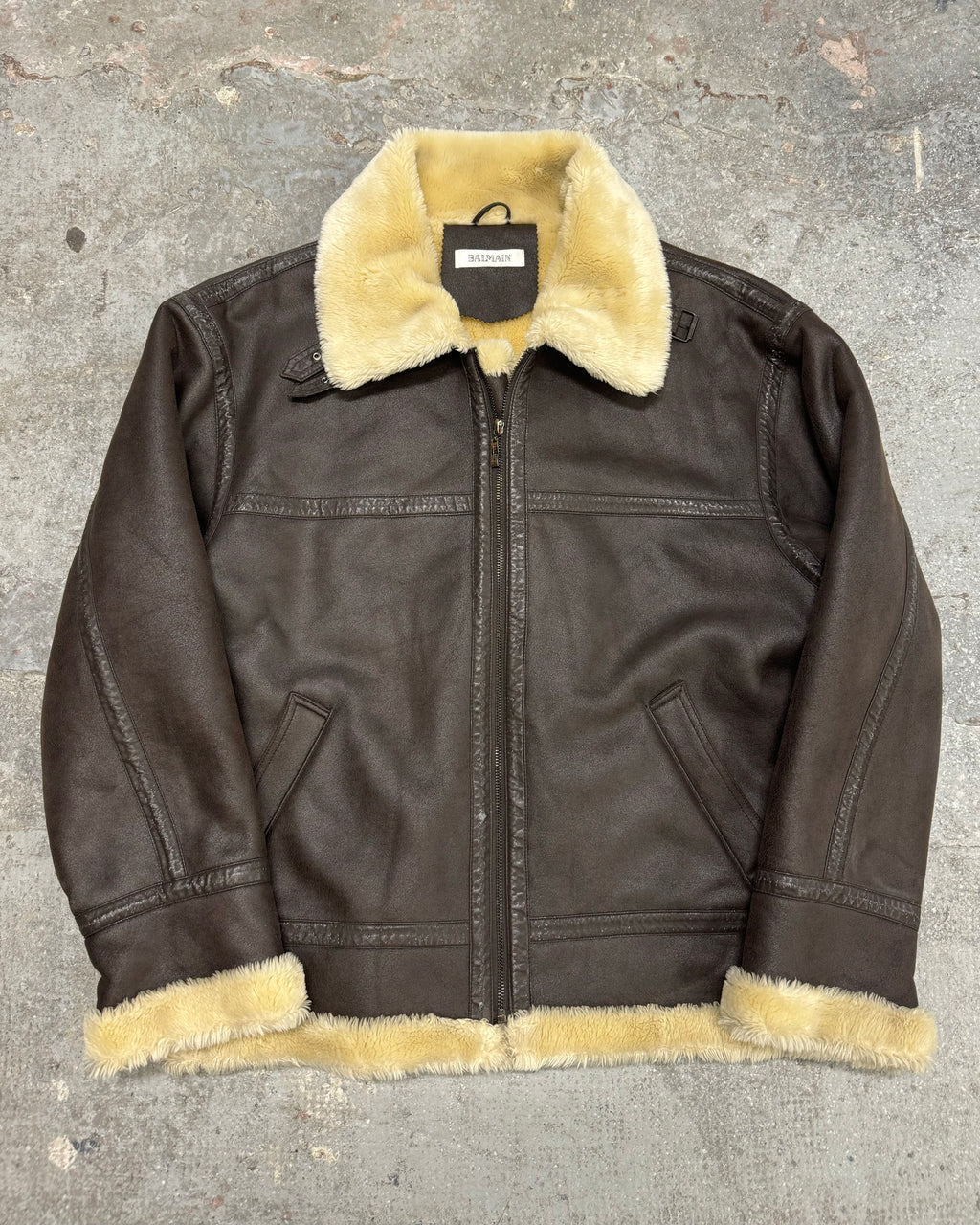 2000s Balmain Faux Fur Brown Aviator Shearling Type Leather Jacket (L/XL)