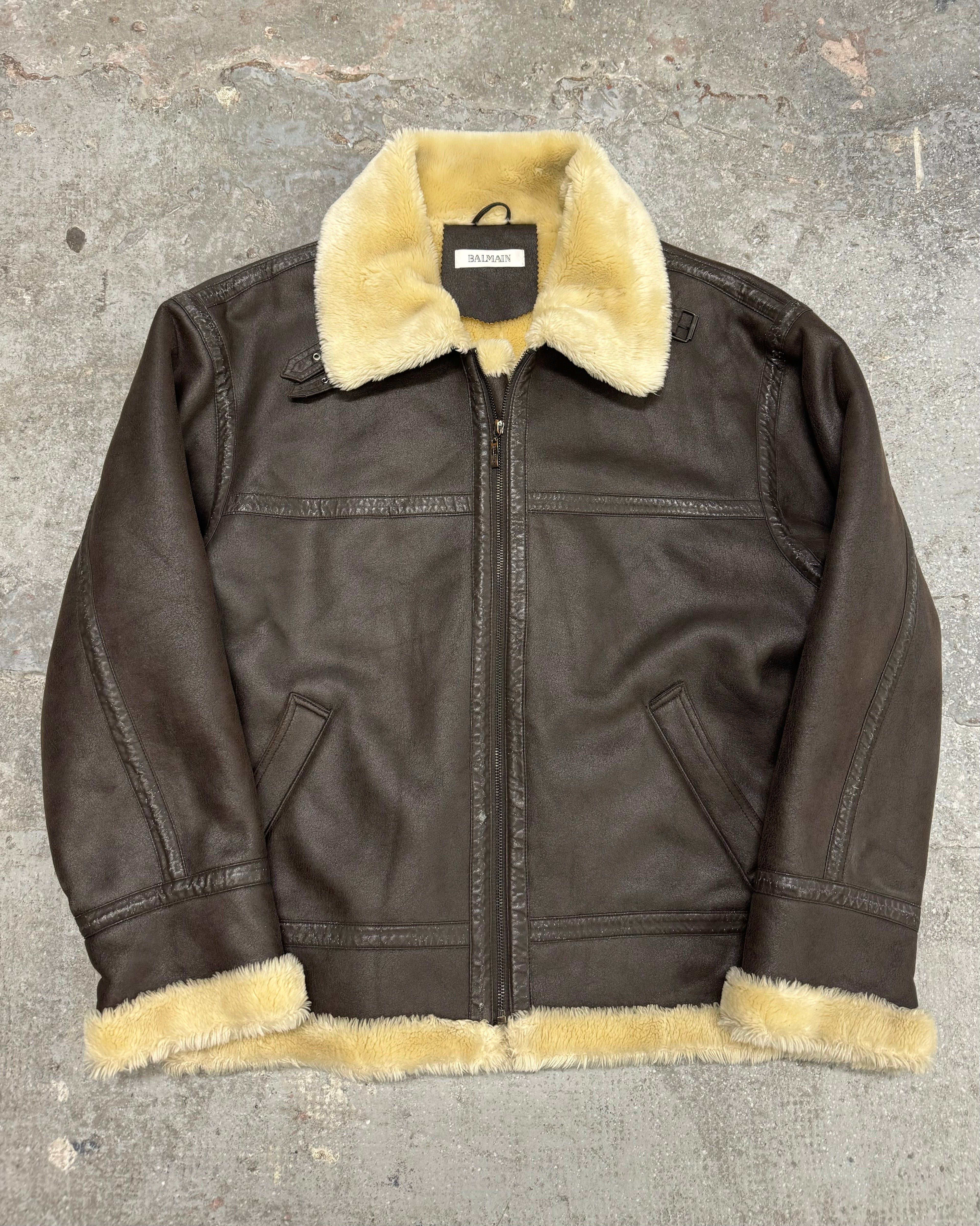 2000s Balmain Faux Fur Brown Aviator Shearling Type Leather Jacket
