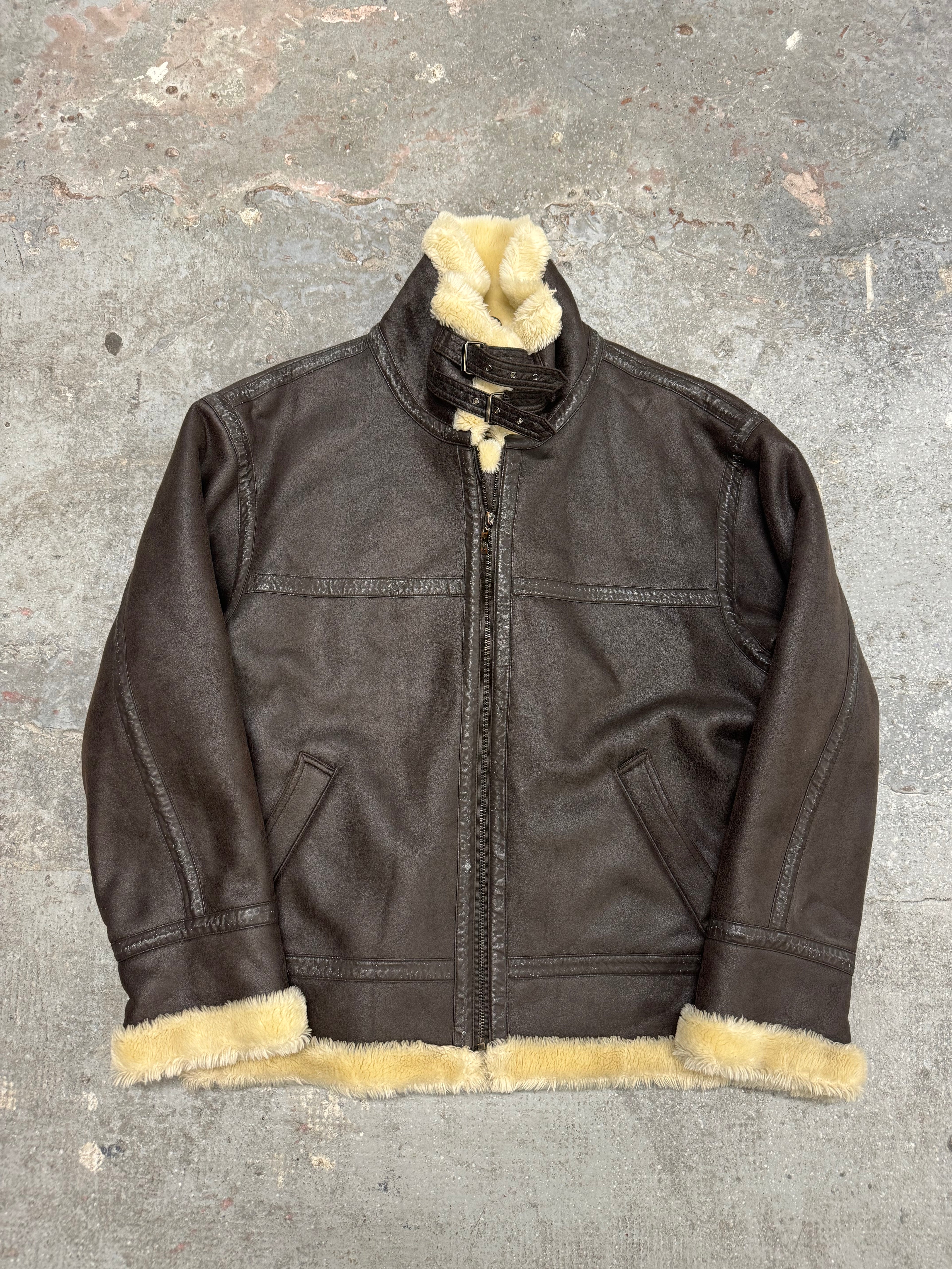2000s Balmain Faux Fur Brown Aviator Shearling Type Leather Jacket (L/XL)