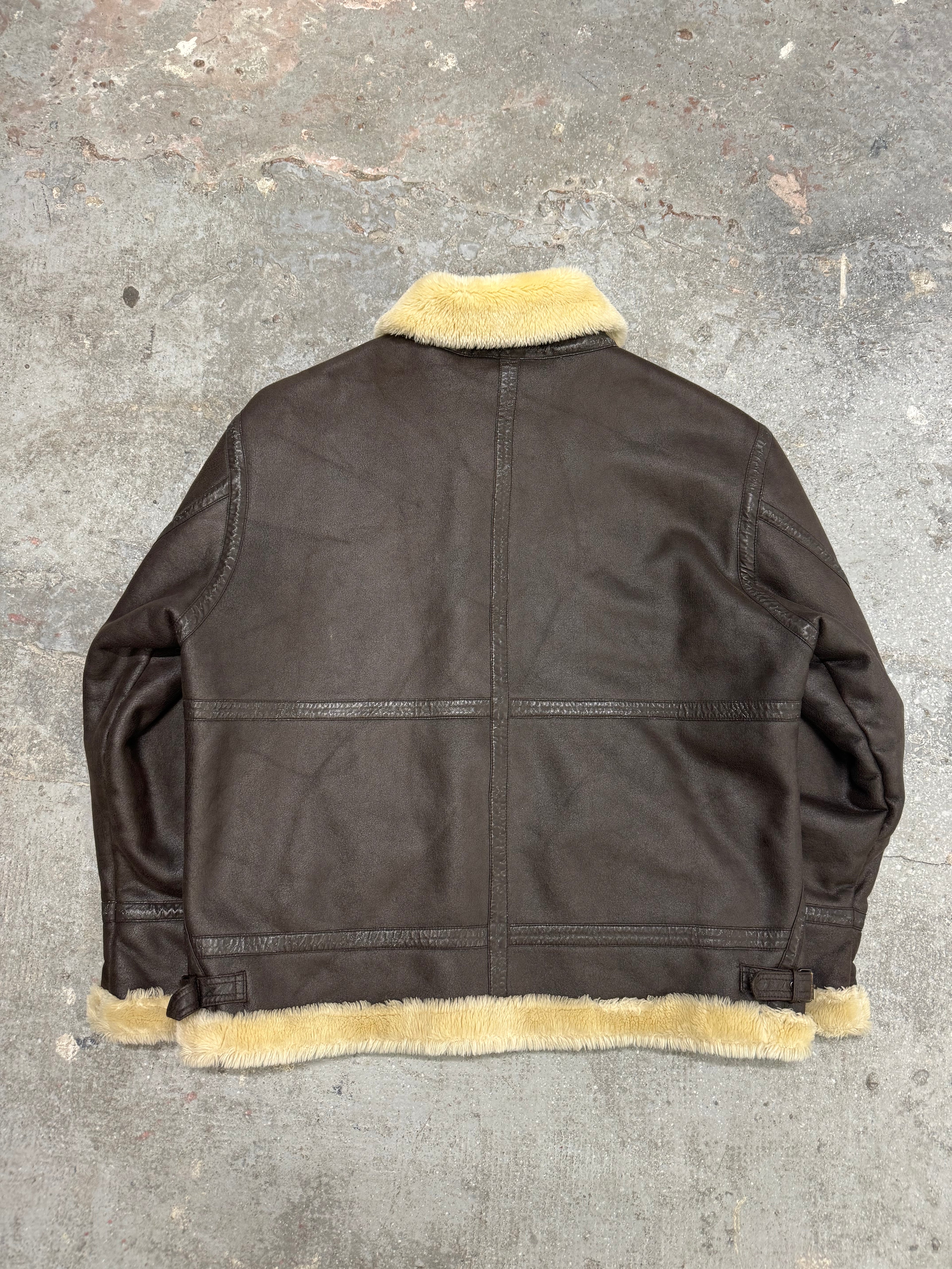 2000s Balmain Faux Fur Brown Aviator Shearling Type Leather Jacket (L/XL)