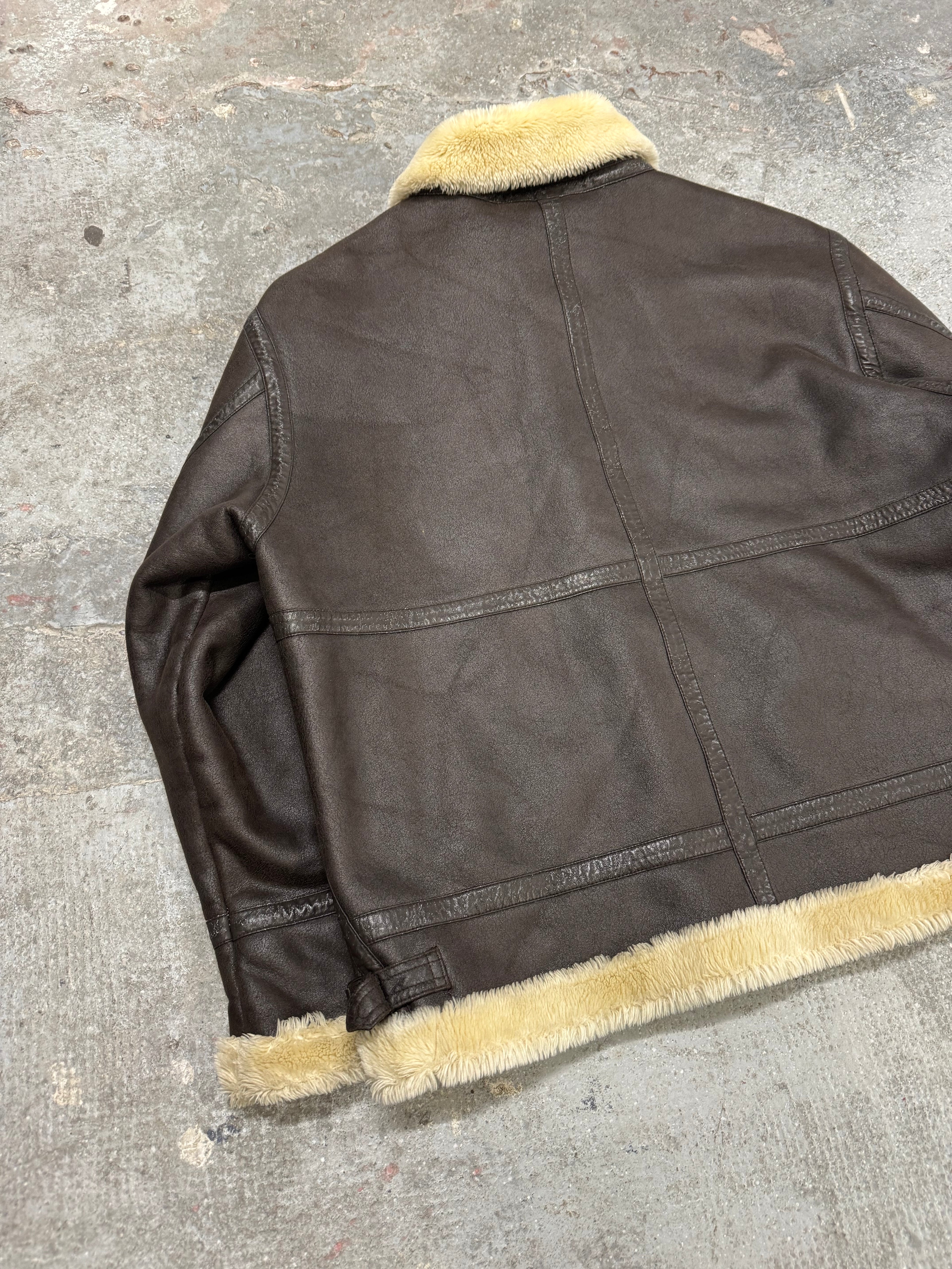 2000s Balmain Faux Fur Brown Aviator Shearling Type Leather Jacket (L/XL)