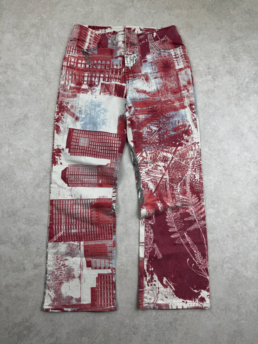 2000s Cavalli Red Graphic City Bird Print Jeans fHRIcKQU 0