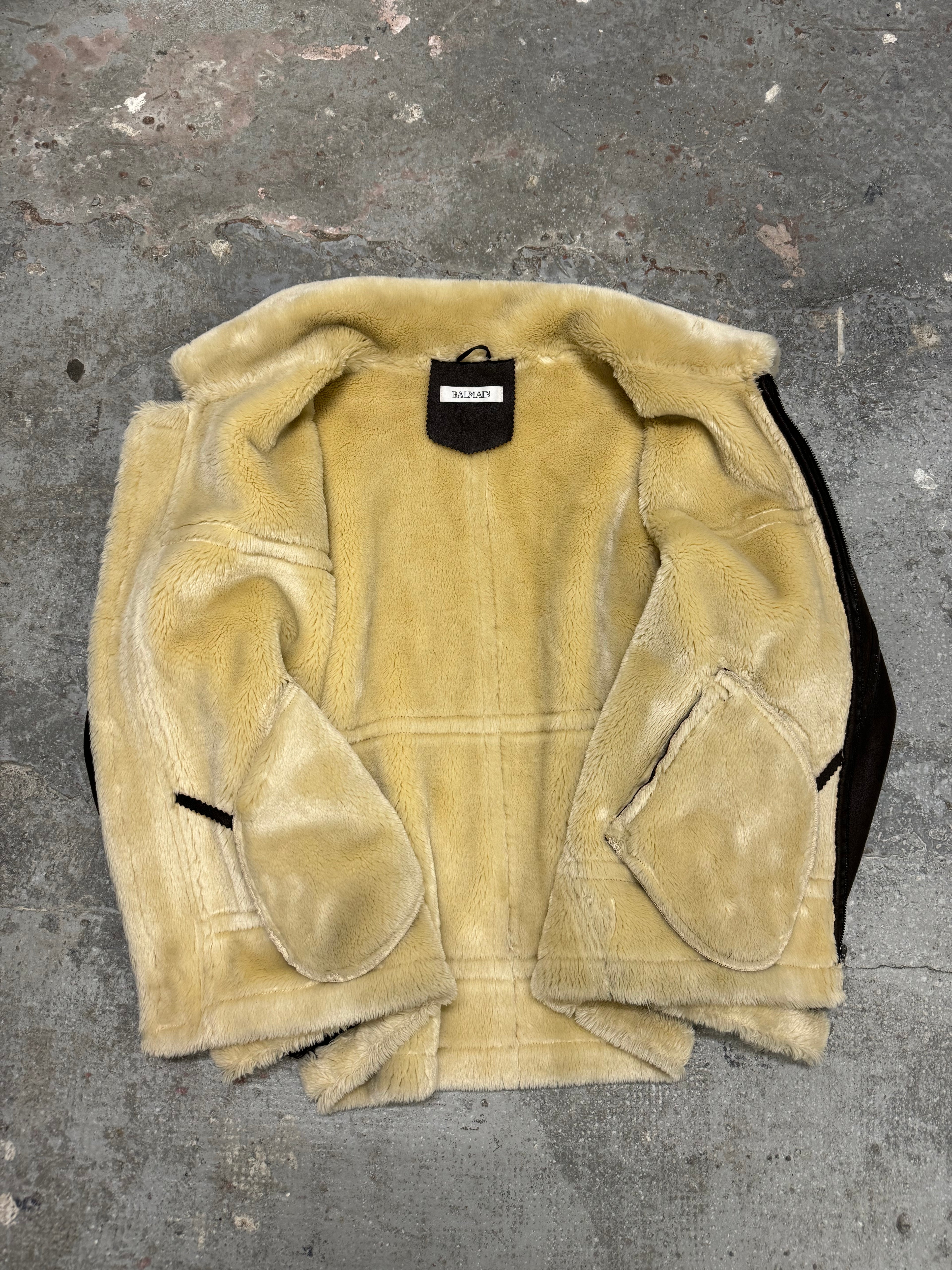 2000s Balmain Faux Fur Brown Aviator Shearling Type Leather Jacket (L/XL)